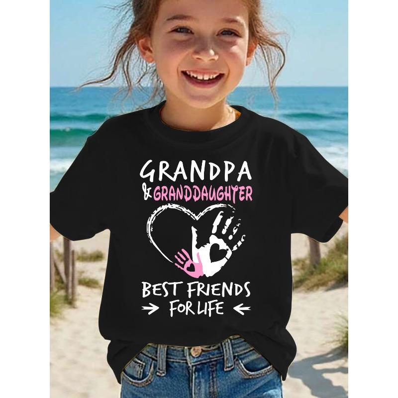 Европейские размеры Летняя футболка с коротким рукавом для девочек с принтом  Дедушка и внучка - лучшие друзья на всю жизнь , повседневный и универсальный топ 98cm чёрный