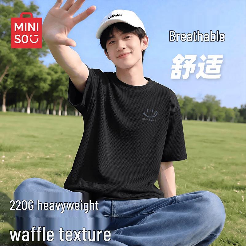 MINISO Men s Japanese Style Loose Fit Waffle Knit Short Sleeve T-Shirt L чёрный