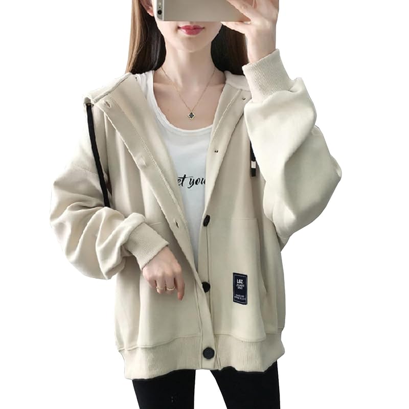 

[EASTEMPO] hoodie ladies spring long sleeve Relaxing Thin Fashionable Plain color casual cute big size (JP, alphabet, 2XL, beige)