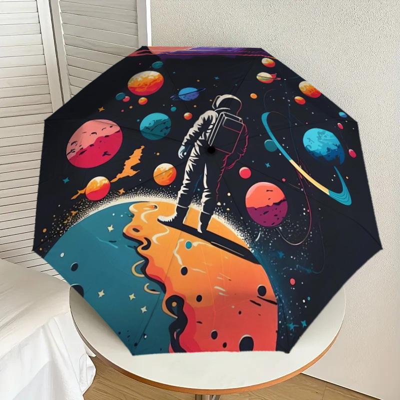 1pc Astronaut Exploring Colorful Planets Umbrella with Plastic Handle,Suitable for All Seasons Home Travel Outdoor UmbrellaDD060