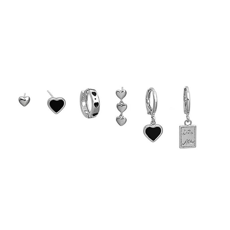 Dark Style Japanese & Korean Heart Stud Earrings & Ear Cuffs Set - Chic, Sweet, Trendy Six-Piece Jewelry for Cool, Spicy Girls