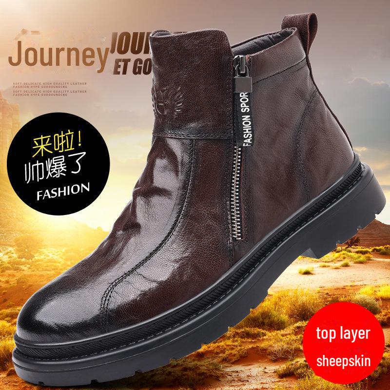 Men's Genuine Leather High-Top Martin Boots with Velvet Lining - Stylish and Warm Motorcycle Work Boots