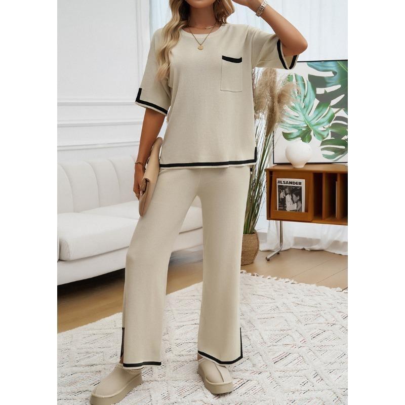 Women's Autumn and Winter Temperament Communicator Collision Short Sleeve Long Pants Sweater Set