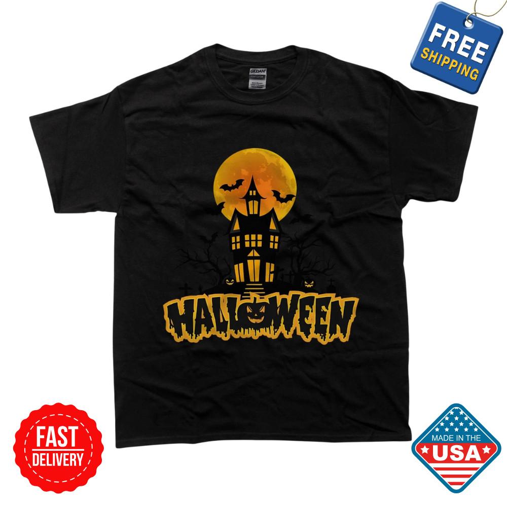 Halloween Haunted House T-Shirt, Spooky Bat Pumpkin Tee, Scary Moon Unisex Shirt Unisex T-Shirt S