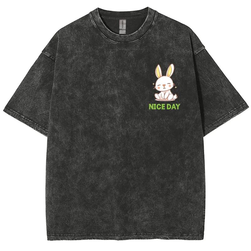Cute Cartoon Rabbit Print T-shirt Loose Water Wash Vintage Short Sleeve Men's and Women's Casual Fashion Summer Top