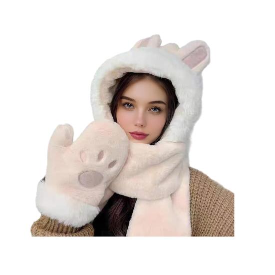 Women Hat Rabbit Ear Decor Thickened Warm 3 in 1 Hat Scarf Gloves Hiking Outings Shopping Winter Headwear