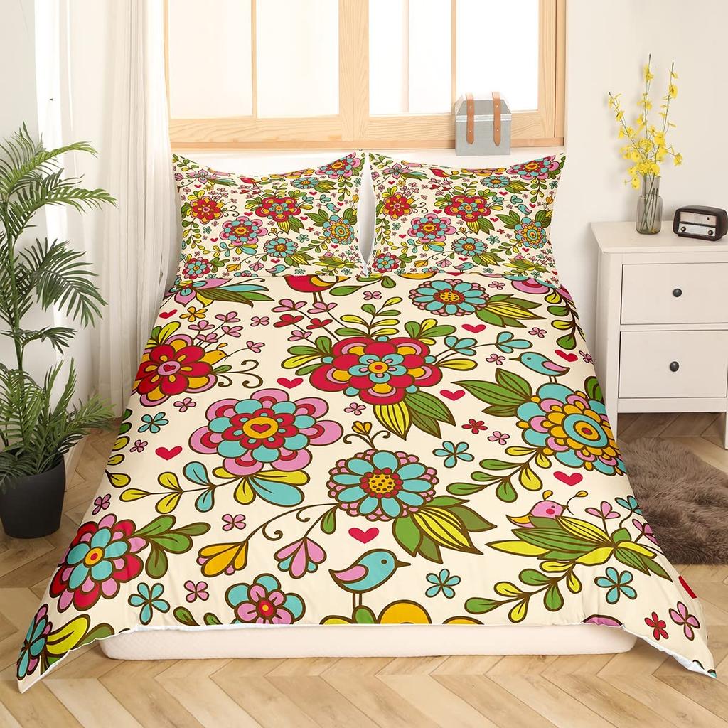 Retro Flowers King Queen Bedding Set Cartoon Vintage Floral Duvet Cover Boho Abstract Quilt Cover Soft Polyester Comforter Cover