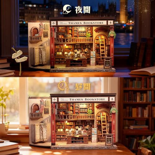 CuteBee DIY Buch nook Bausatz, Puppenhaus Miniatur Bausatz, Buchständer Dekoration mit LED, Holz, für Teenager und Erwachsene, 3D Puzzle, Perfektes Geschenk (Thames Buch