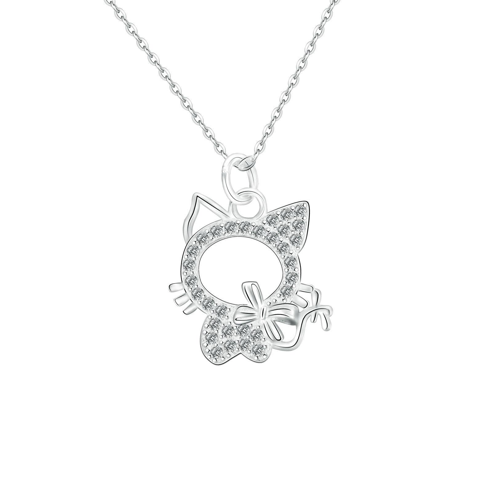 

Sterling Silver Kitten Rhinestone Pendant Choker Necklace Pure Silver серебряный