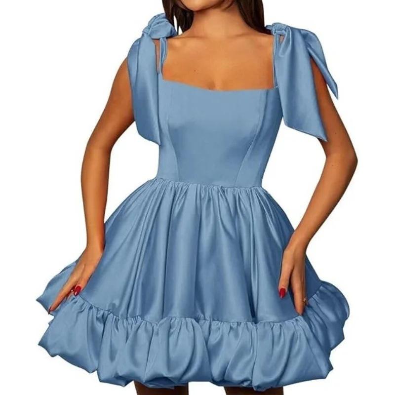 1011 new European and American style evening dress square neck bow satin tutu skirt thin birthday party dance dress