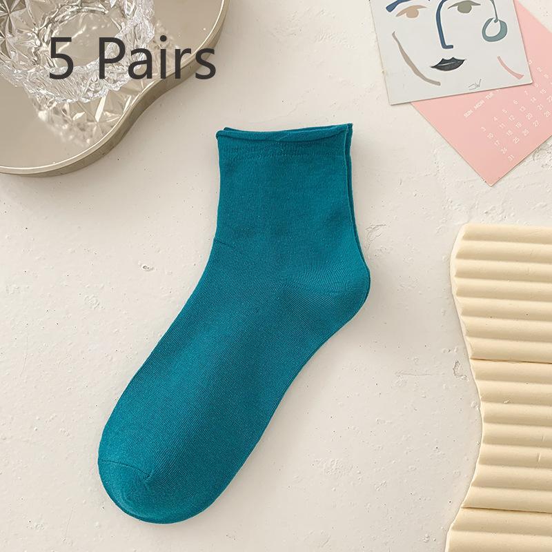 5 Pairs of Cute Candy Colored Rolled Up Mid Top Socks for Women In Summer