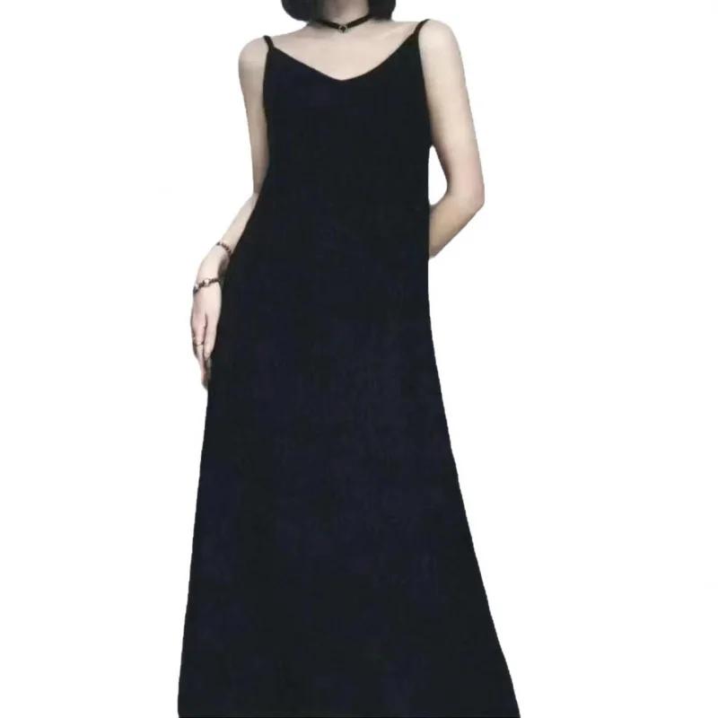 Original Black White Chiba Pleated Suspender Fashion Slimming Dress Women's Casual All-Match Loose Drooping Dress