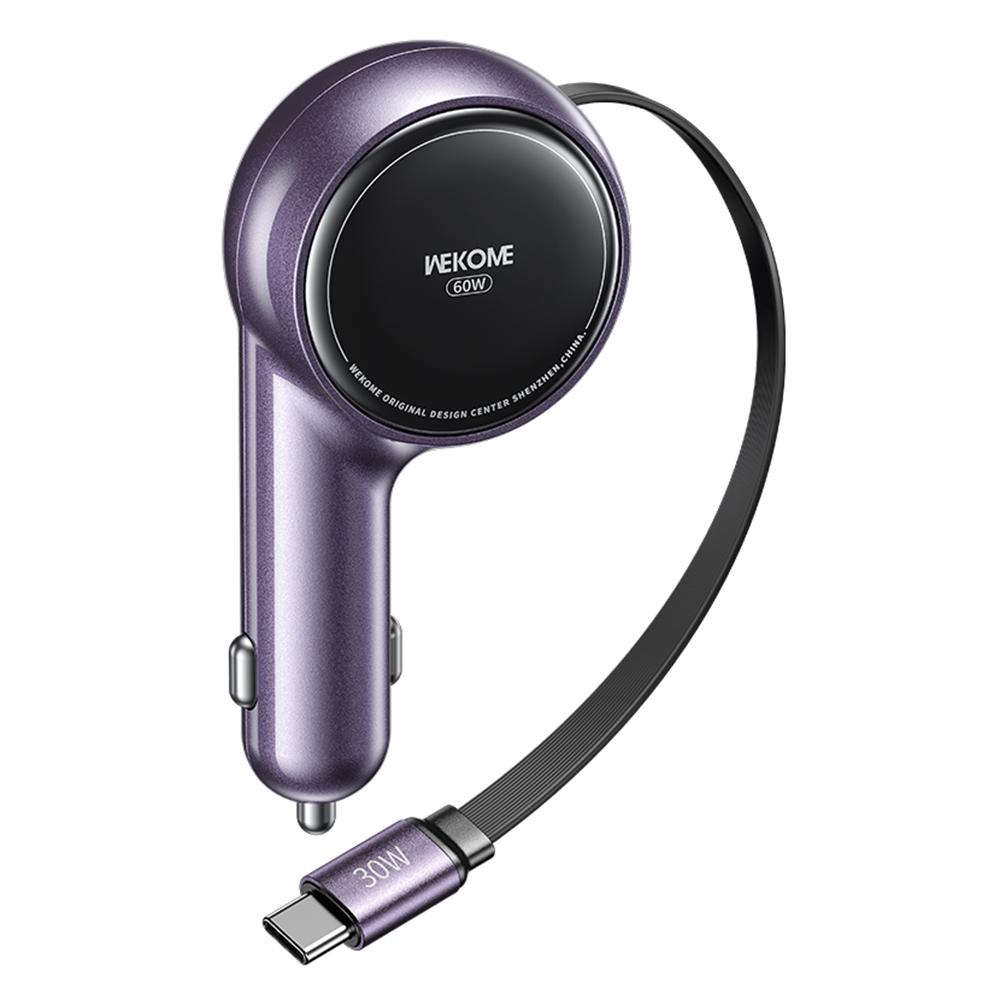 

WEKOME WP-C50 Car Charger 60W Dual USB-C Port Fast Charging Adapter with 0.8m Retractable Cable Purple