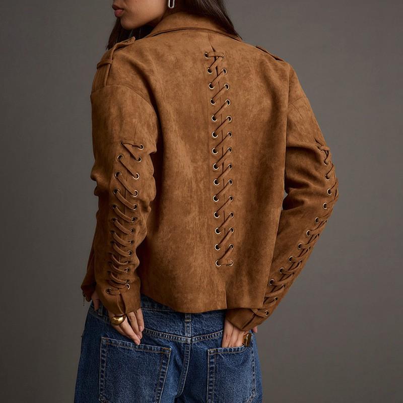 Womens Winter Slim Fit Suede Jacket With Fringe Detail Long Sleeve Short Coat