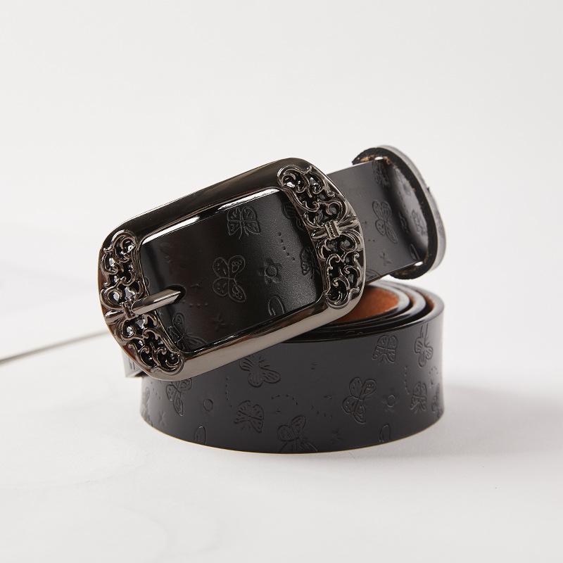 

Women s Genuine Leather Carved Buckle Belt, Vintage Trendy Decorative Jeans Belt, Casual and Versatile 105cm чёрный