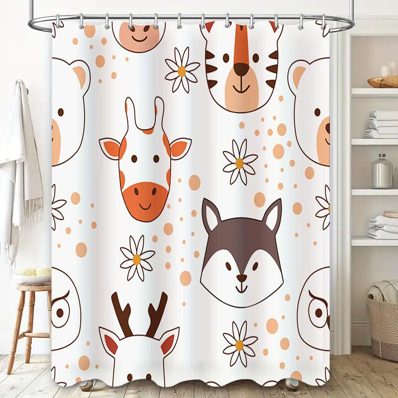 Animal Print Shower Curtain Set Cute Forest Animals Bath Decor with Flowers In White Orange for Bathroom Decorations Home Access