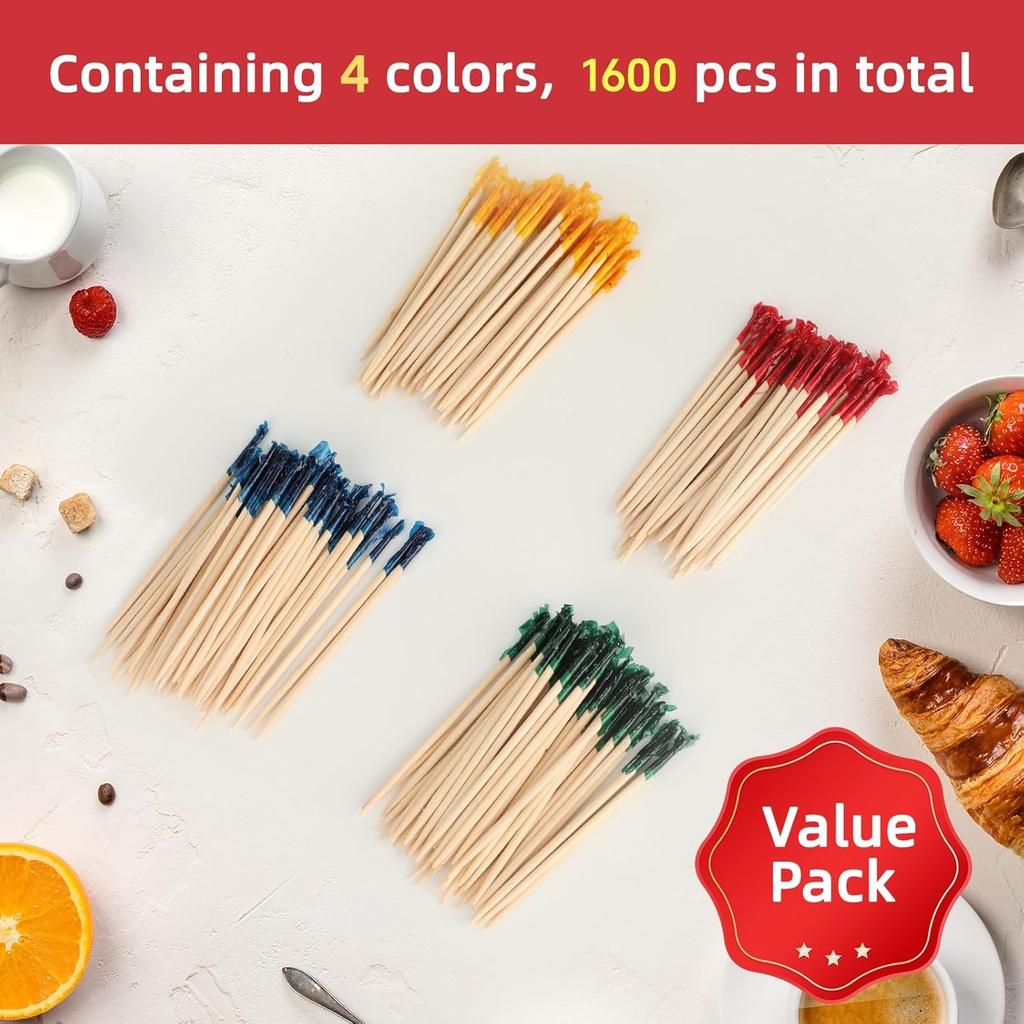 1600Pcs Toothpicks for Appetizers, 2.5 Inch Cocktail Picks with Assorted Colors, Wooden Food Toothpicks for Appetizers Cocktail Fruit Club Sandwiches