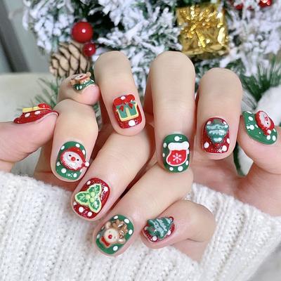 10 ks/sada Vánoční nositelné nehty Čistě ručně vyráběné nehtové umění Podzim a zima Kreslené 3D Santa Claus Vánoční strom Falešné nehty Nositelné