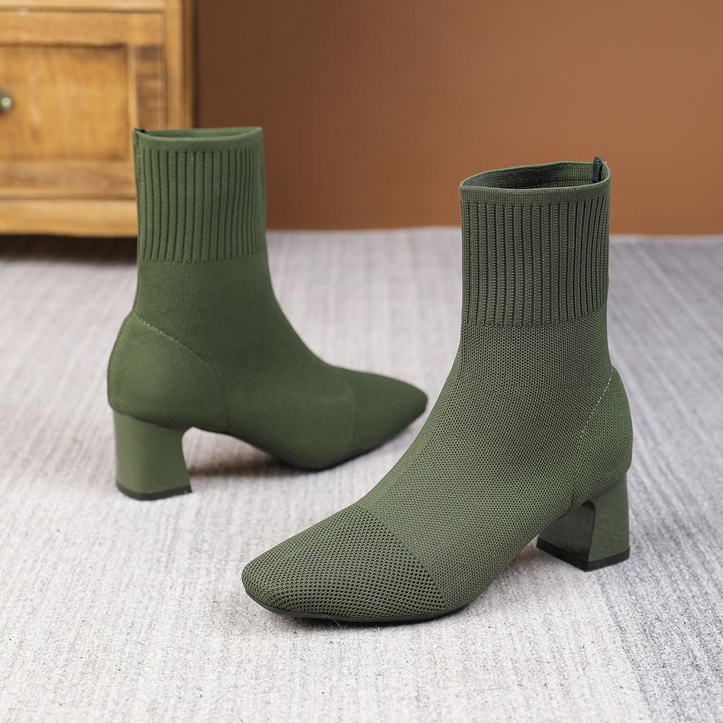Elastic Boots Women's Winter Elastic Thick Heel Skinny Boots Knitted Socks Boot Black Square Heel Women's Shoes Ankle Bootie