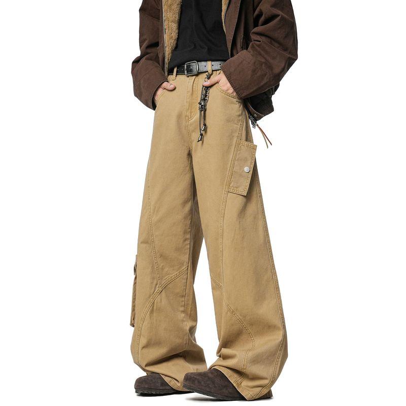 51 Hip-Hop American Retro Coffee-Colored Scimitar Jeans for Men, Spring and Autumn Washed Cotton Loose Straight Wide-Leg Work Pants