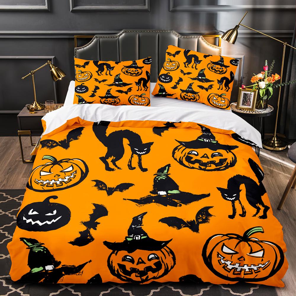Vintage Halloween Duvet Cover Set, Halloween Cartoon Jack O' Lantern Tombstone Skulls and Bones 2/3pcs Polyester Bedding Set