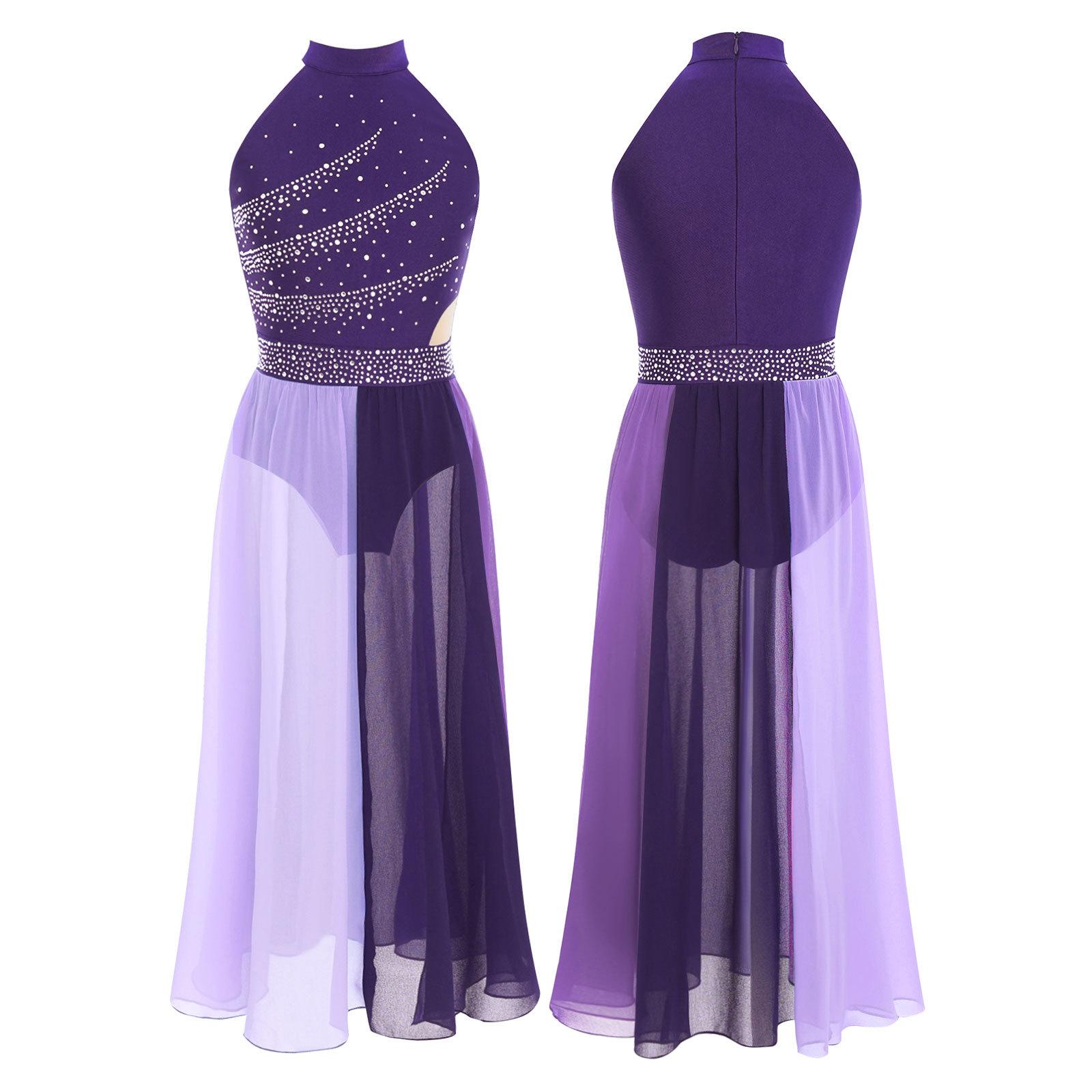 

Сукня для сучасного ліричного танцю для дівчаток без рукавів з коміром-стійкою, шифоновий костюм з блискітками, кольоровий блок, бічний розріз та потайна блискавка 9-10 Years фіолетовий