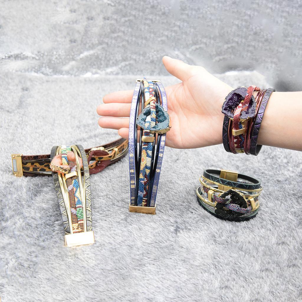 Multi Layer Geometric Hollow Bangle PU Leather Ethnic Style Woman Versatile Bangle Jewelry Accessory