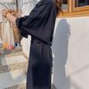 Women Spring Fall Dress Loose Lapel Solid Color Single-breasted Split Hem Soft Long Sleeve Retro Casual Commute Pleated Maxi Dress