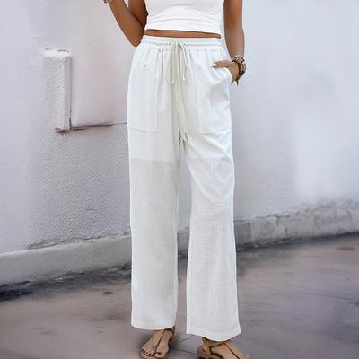 Sommer Damen Casual Elastische Hosen Hohe Taille Taschen Gerade Hosen