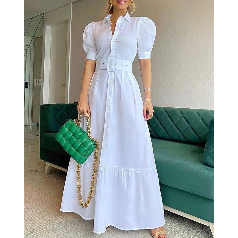 Cross-Border Stripe European and American Elegant Long Bubble Short sleeve Patchwork Fishtail Big Hemline Jumpsuit Long dress With Belt Dress
