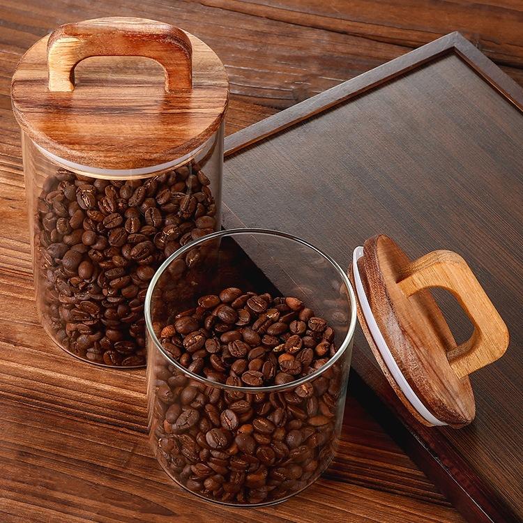 New Handle Wooden Cover High Borosilicate Glass Tea Storage Tank for Coffee Beans Dried Fruits Kitchen Spice