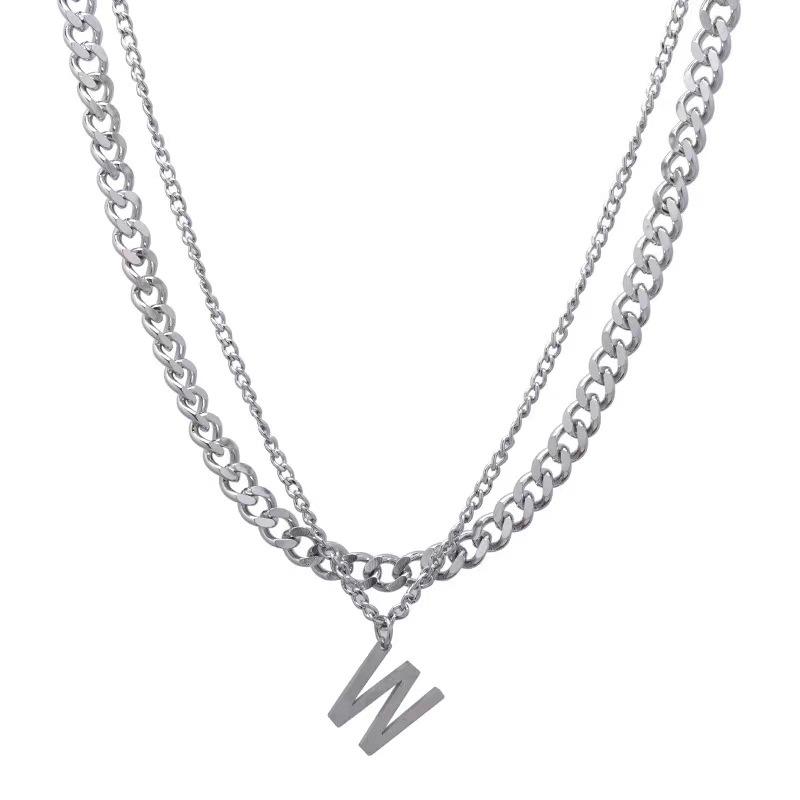 Titanium Steel Personalized Letter W Necklace Double Layer Stacked Sweater Chain Versatile Simple Hip Hop Cuban Chain Korean Style Unisex Trendy
