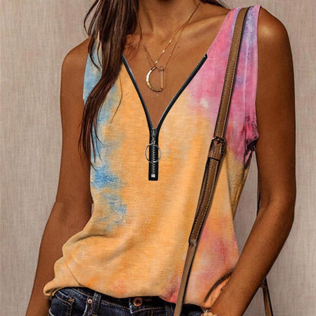Women's  Fashion Summer New Print V-Neck Zipper Sleeveless Casual Tank Tops