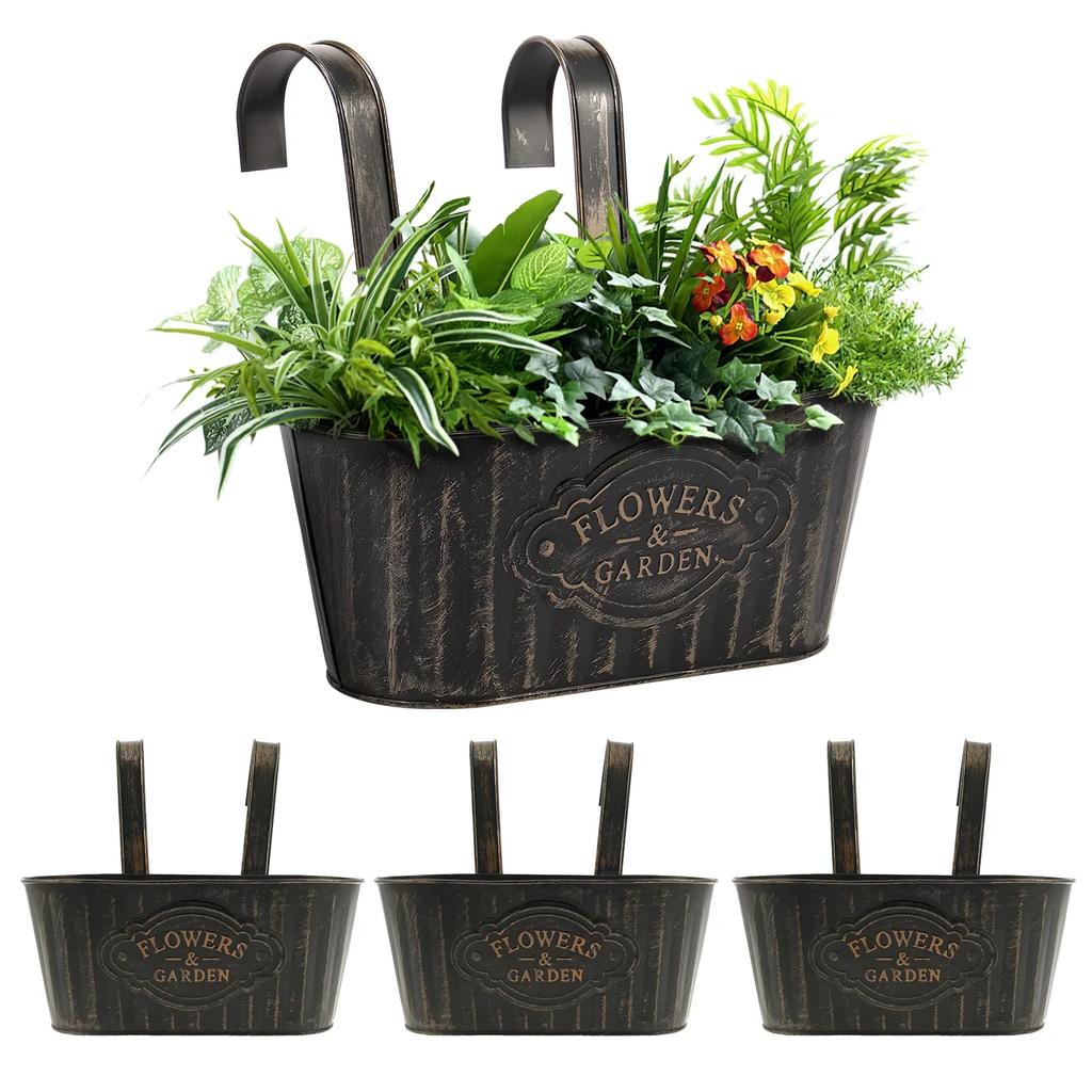 4Pcs Hanging Plants Planter Metal Iron Flower Pots Decks Railings Fence Buckets Outdoor Garden Balcony Decoration