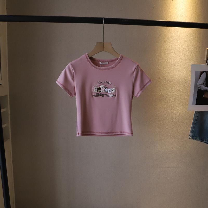 2025 Korean Style Cartoon Embroidered Slim Fit Cute Short Sleeve T-Shirt for Women