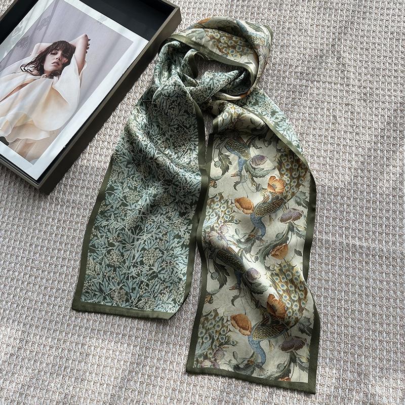 Green retro flower silk silk scarf women's spring new double-sided long 111 mulberry silk silk scarf scarf