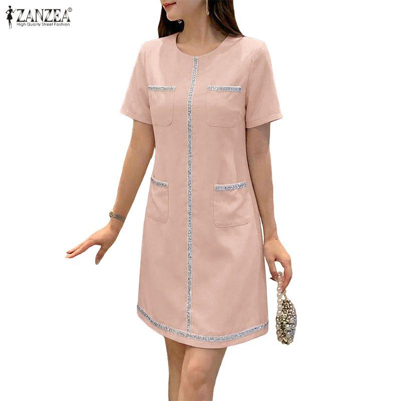 ZANZEA Rochie de vară cu mânecă scurtă, casual, cu gât rotund