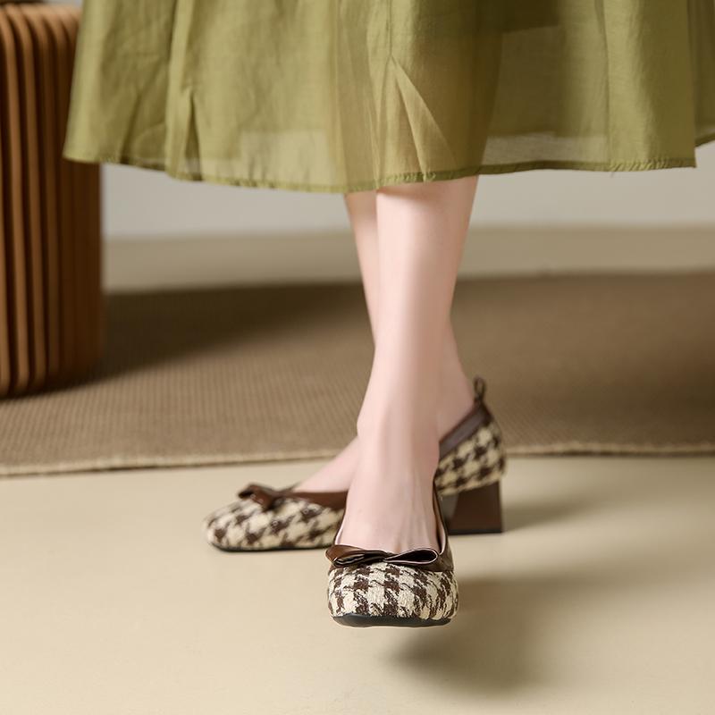 Mode Damen Einzelschuhe Frühlingneu Mittelhoher Absatz Stoff Karo Kleiner Duftender Windschuhe Mode Bequem Erhöhen Berufsschuhe