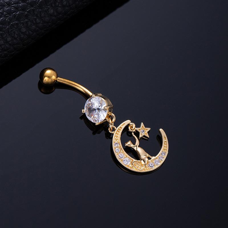 Colored Zircon Spiral Navel Nail Wind Star Moon Navel Ring Pierced Tassel Navel Buckle