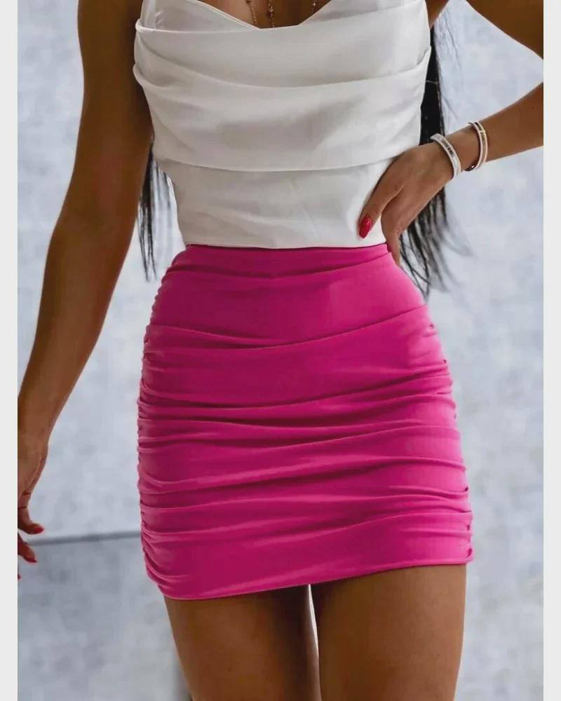 

Узкая сексуальная плиссированная короткая юбка с запахом на бедрах Large розы красного