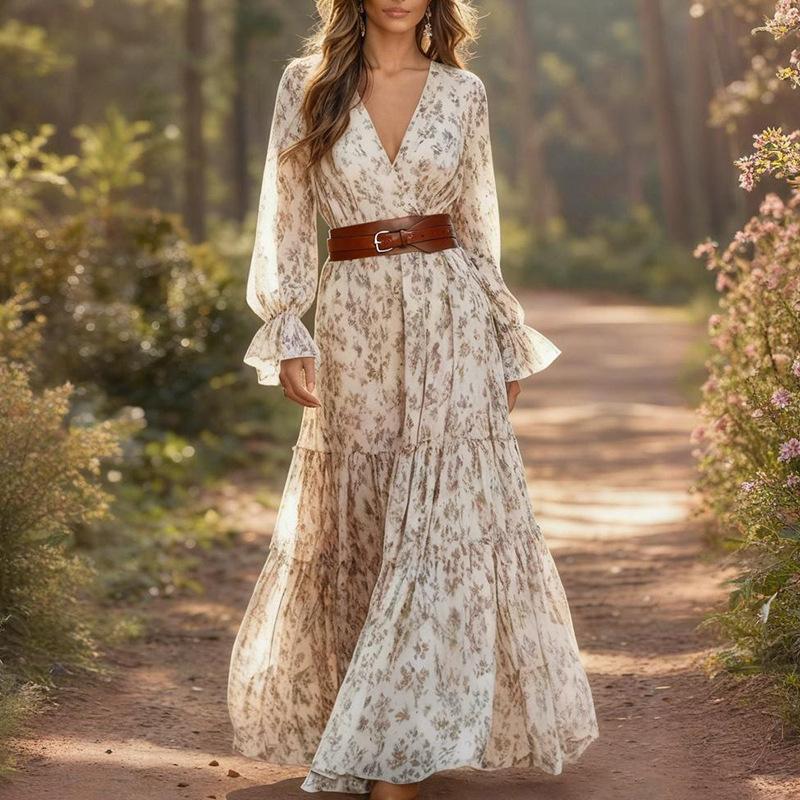 Women s Floral Print V Neck Long Sleeve Midi Dress with Belt S