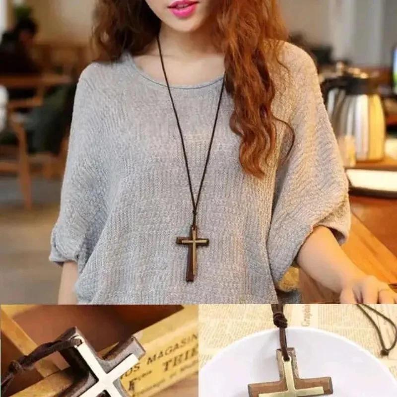 Personality Trendy Cool Gothic Wood Cross Pendant Necklace for Women Men Vintage Hip Hop Y2k Necklace Party Jewelry Gift