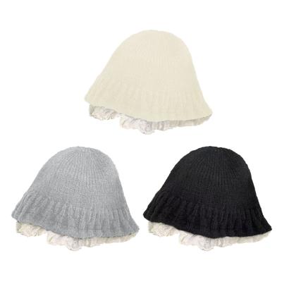 Women Knitted Lace Trim Bucket Hat Soft Stretchy Winter Brimless Korean Fisherman Hat for Outdoor Activity All Matching