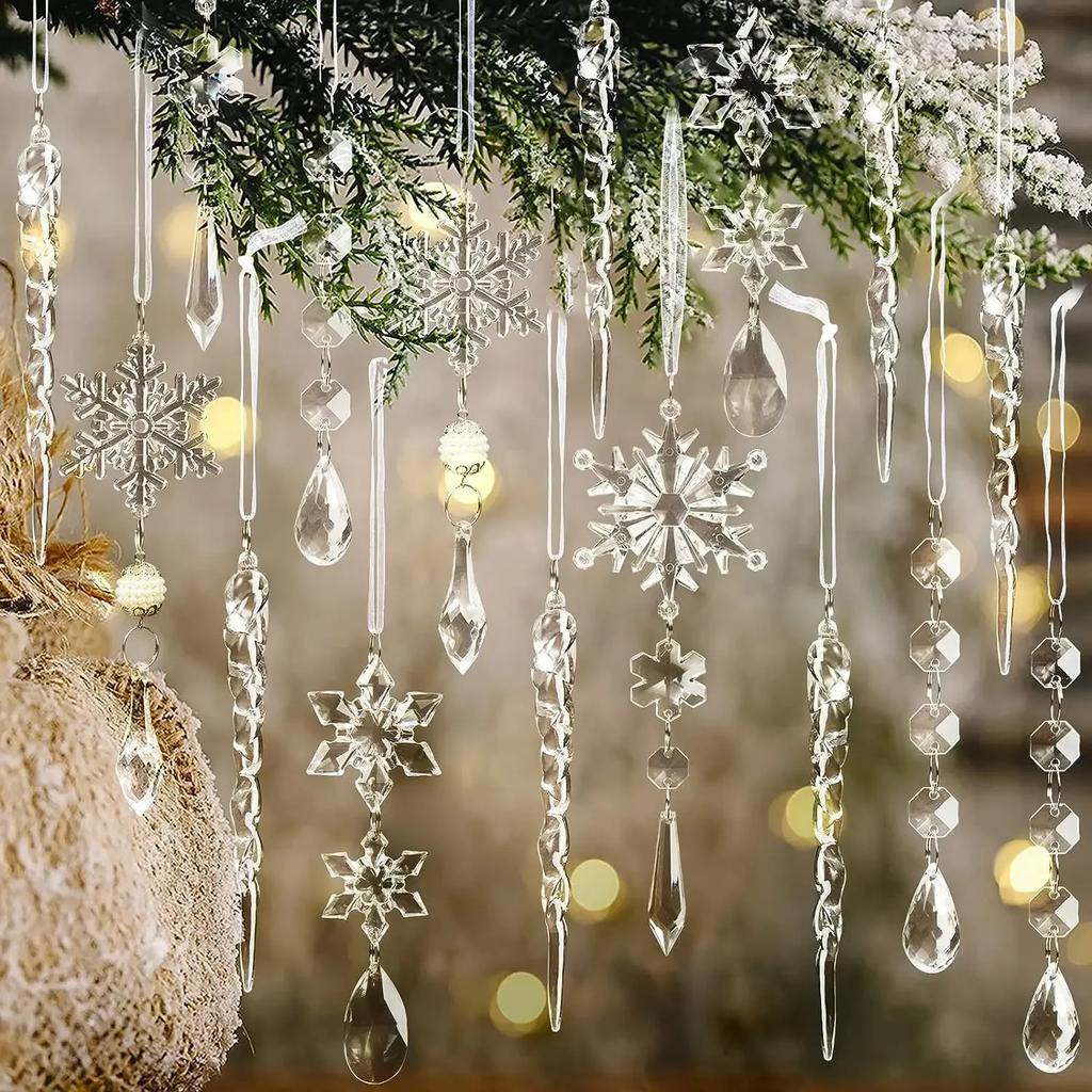 Christmas Transparent Snowflake Crystal Pendants Decorations Xmas Tree Hanging Ornament Christmas Home Decorations New Year Gift