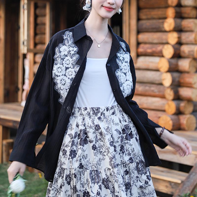 

DIMANAF 2025 Новая Летняя Рубашка на Пуговицах Женская Кружевная Блузка Вышивка Длинный Рукав Модные Топы Футболки Повседневные Свободные Зеленые Футболки One Size чёрный