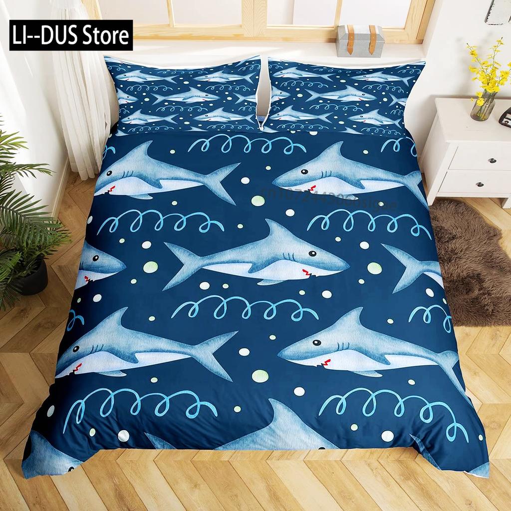 Shark Duvet Cover Set Deep Sea Animal Bedding Set Cartoon Ocean Sharks Colourful Hand Drawn Comforter Cover For Kids Boys Girls