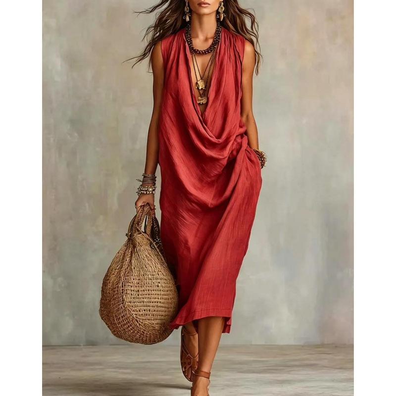 European and American new women's clothing casual sleeves loose swing collar loose holiday dress