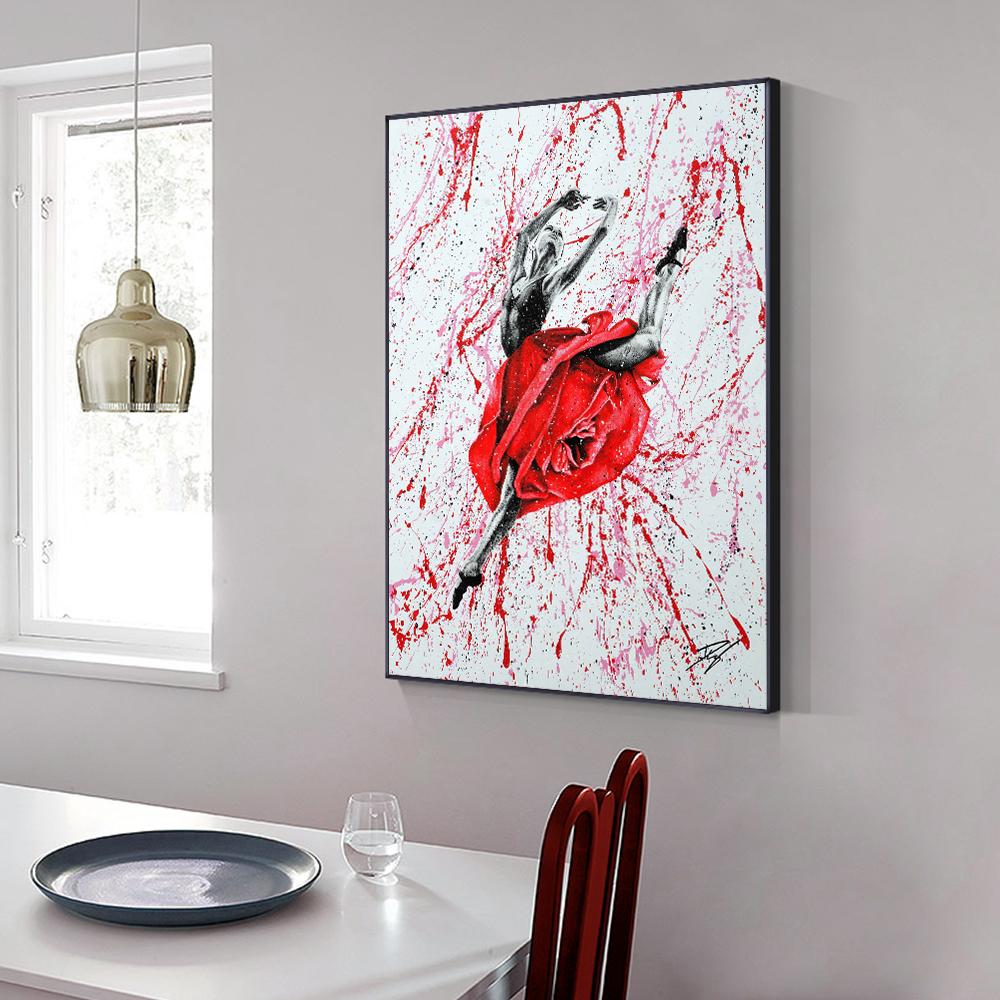 Original Elegant Women Dance Canvas Painting Wall Pictures For Living Room Modern Red Rose Flower Poster Wall Art Home Decor