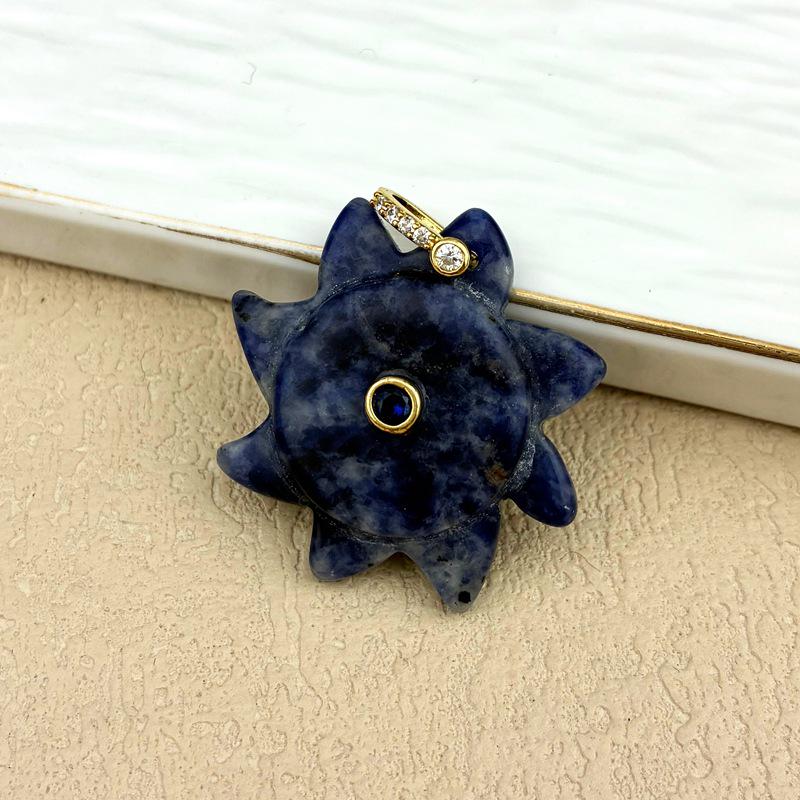 Blue Vein & Tiger Eye Sunflower Pendant Necklace with Natural White Crystal