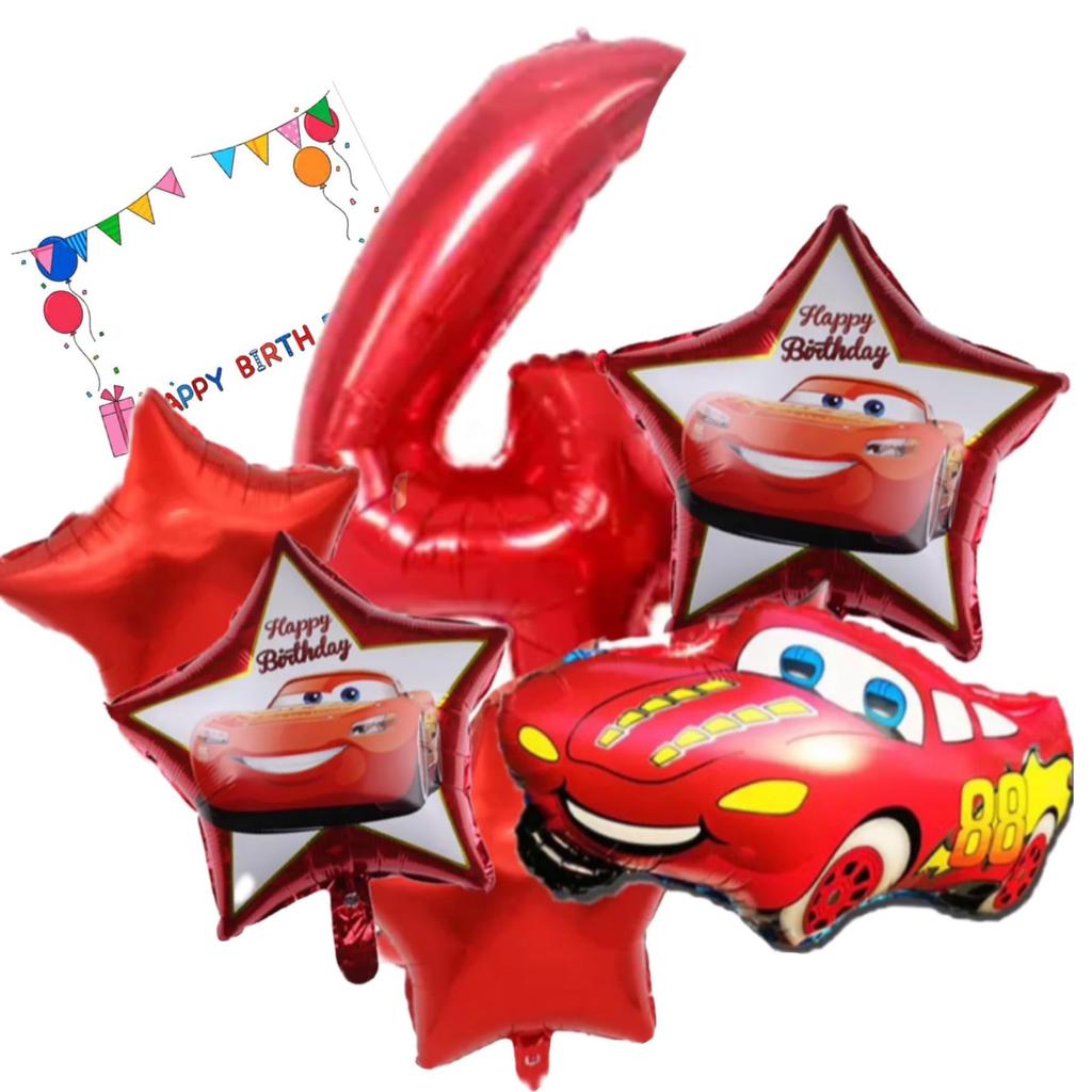 Cars Birthday Balloons, Celebration Character Party for 3-4 Year Olds (Cars 4th Birthday Balloons, 6-Piece Set)